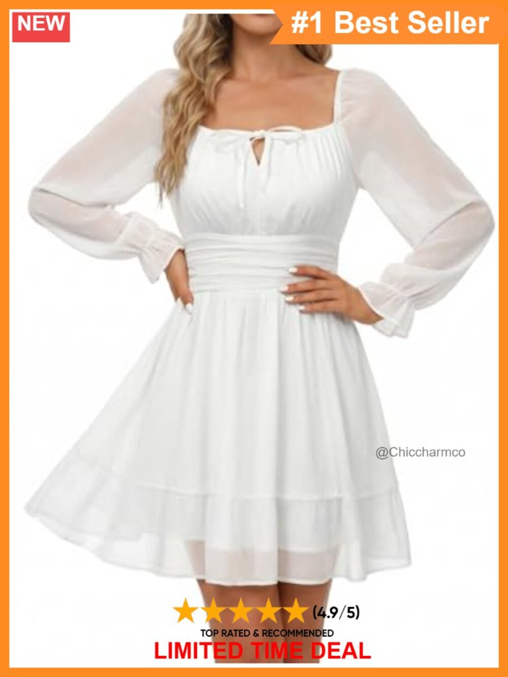 Long Sleeve Mini Dress with Tie Back Square Neck Ruffle A-Line